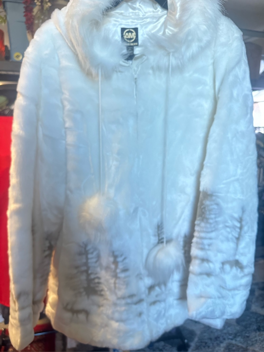 Plush White Teddy Jacket with Hood and Pom Accents